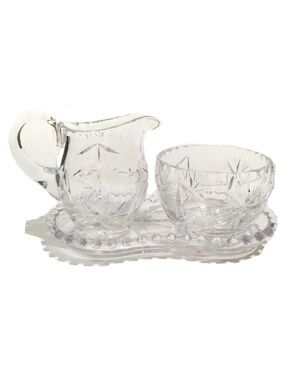 Vintage Carved Crystal Creamer Sugar Bowl and Tray Set Stars Flower Glassware